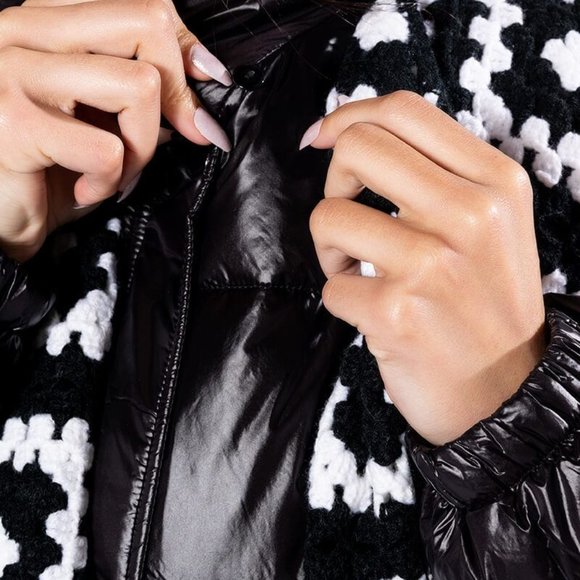 Miz Puffer Crochet: Detachable Contrast Knit Cardigan Vinyl Winter Coat L XL - Picture 10 of 17